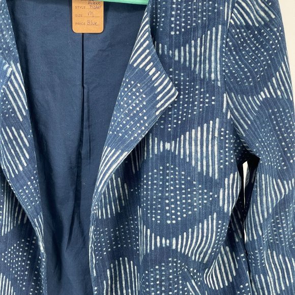 Eileen Fisher HAND-PRINTED Jacket Womens M/M Organic Cotton Indigo Blue Cardigan - Picture 4 of 7